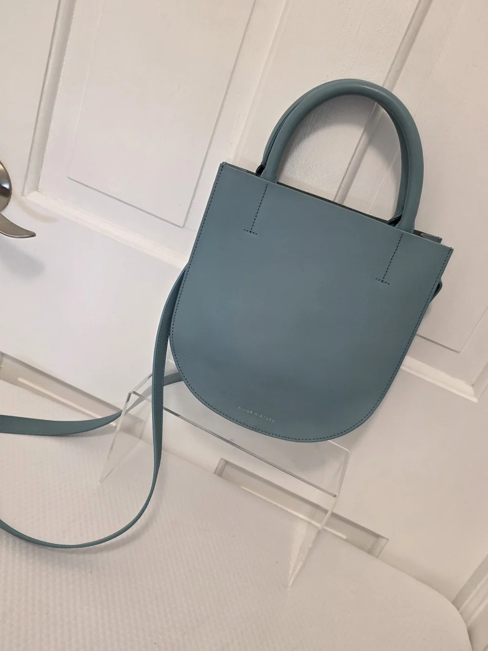 Minor History Blue Satchel/Crossbody Leather Open Top, Stylish, Sleek, Modern
